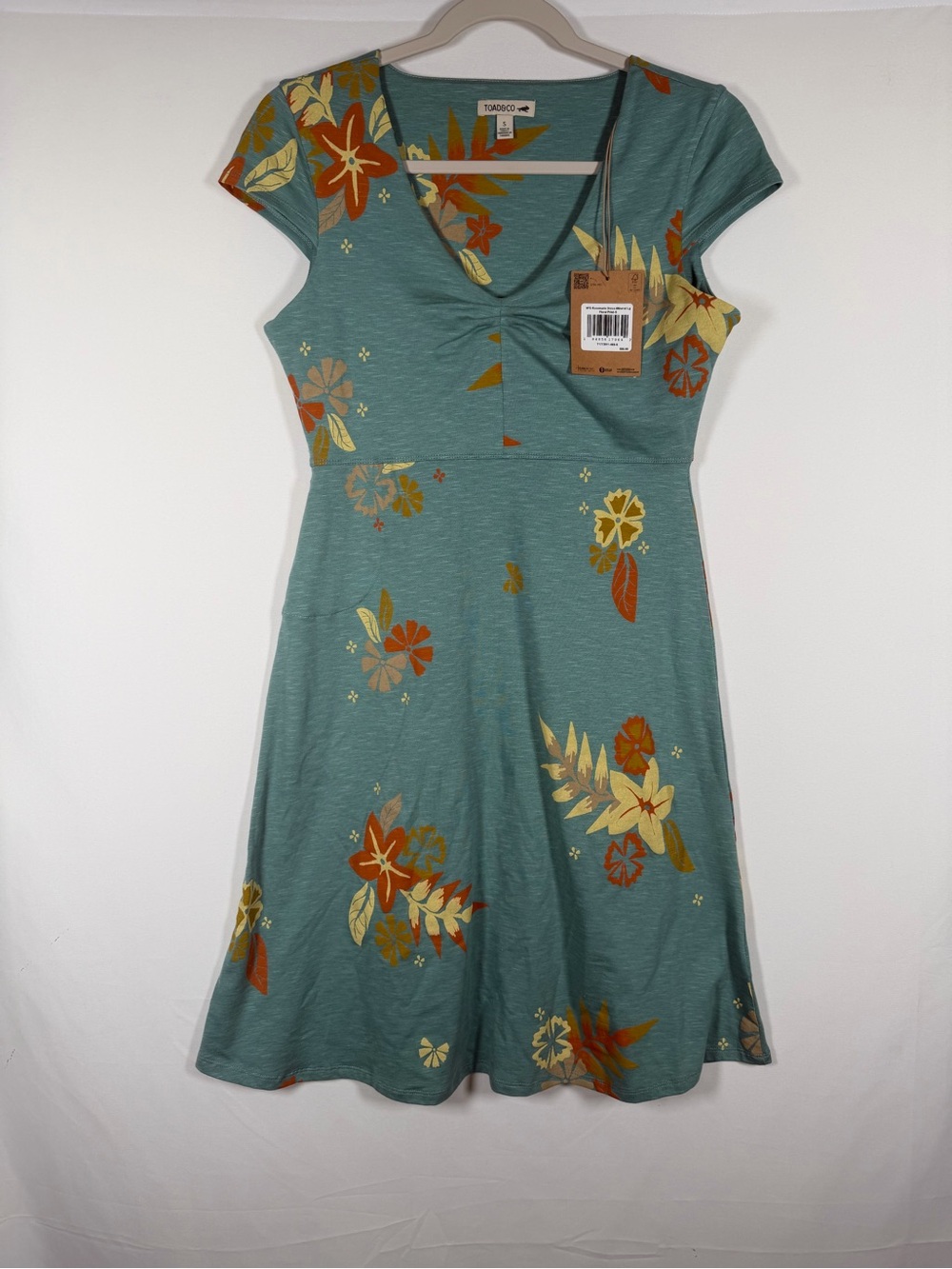Toad&Co Teal Rosemarie V-Neck Fit-and-Flare Dress Fall, Leaves, Granola Outdoors